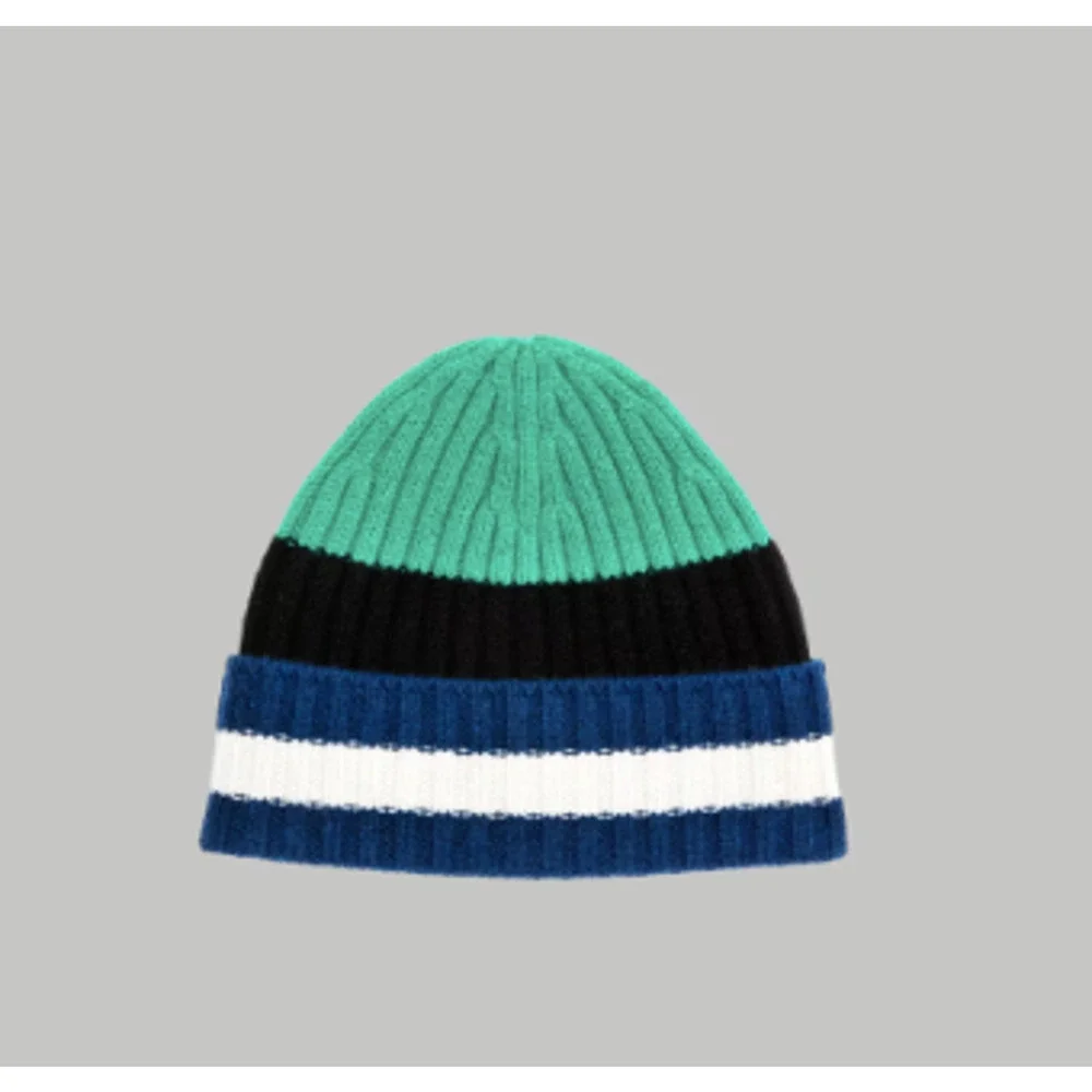 NWT Everlane Unisex Cashmere Wool Ribbed Multi-Stripe Beanie Green Navy OS